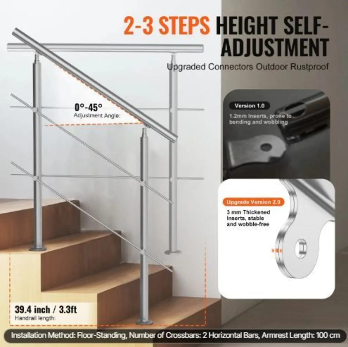 100.1 cm Handrails for Outdoor Steps 2 Crossbars - Image 3