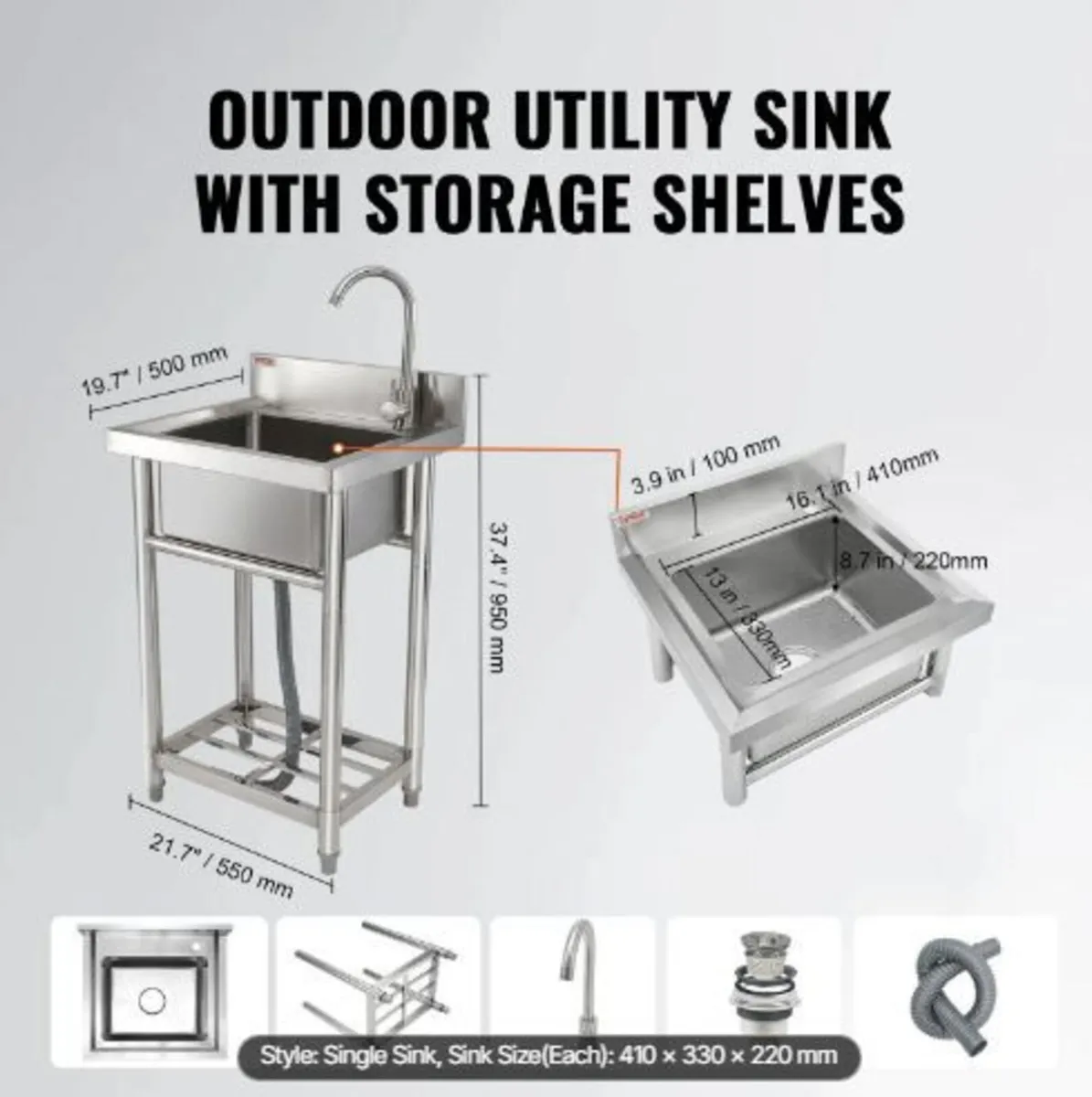 Stainless Steel Utility Sink, 1 Compartment - Image 2