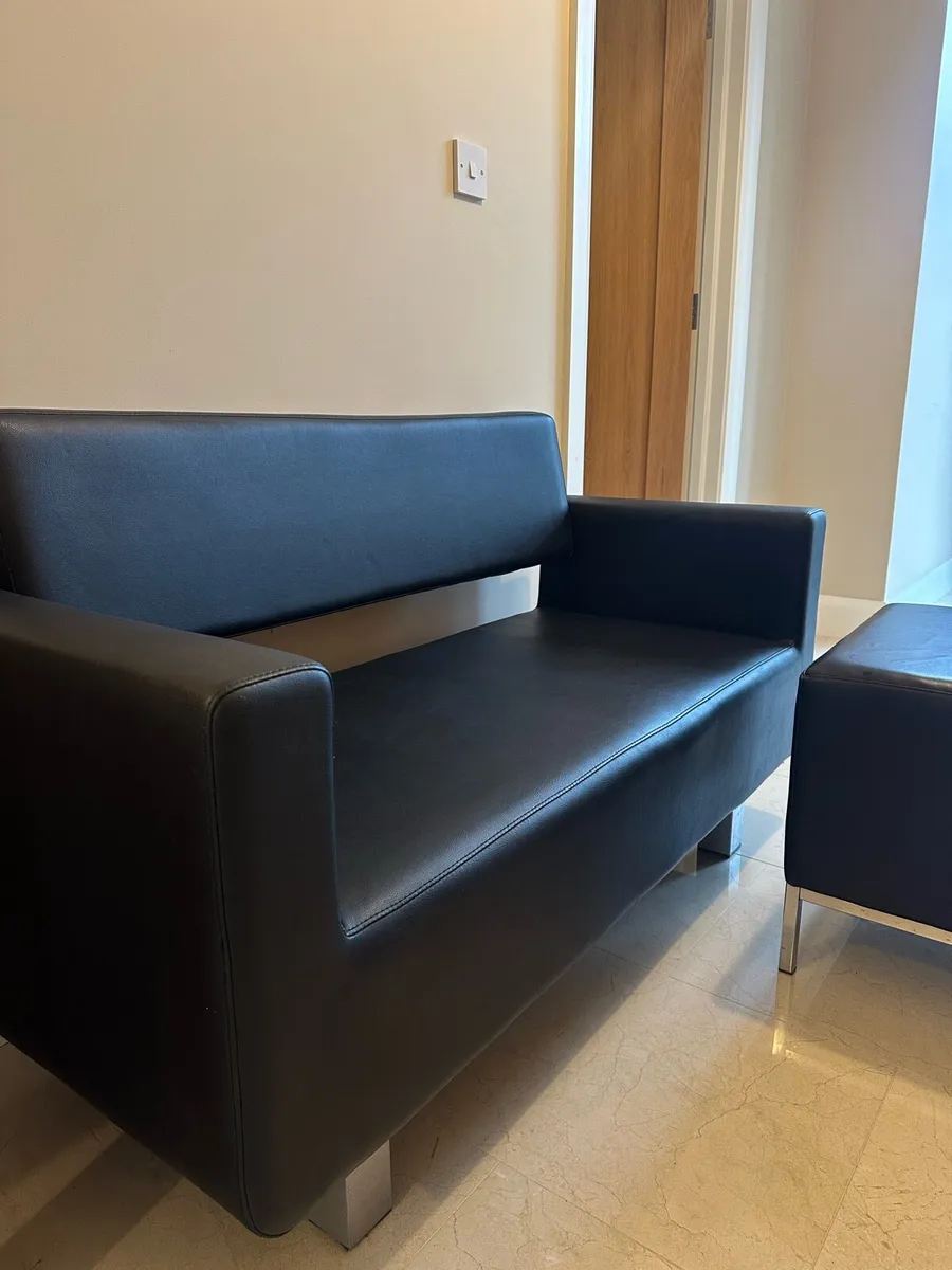 Black Faux Leather 2 Seater Sofa & Ottoman - Image 2