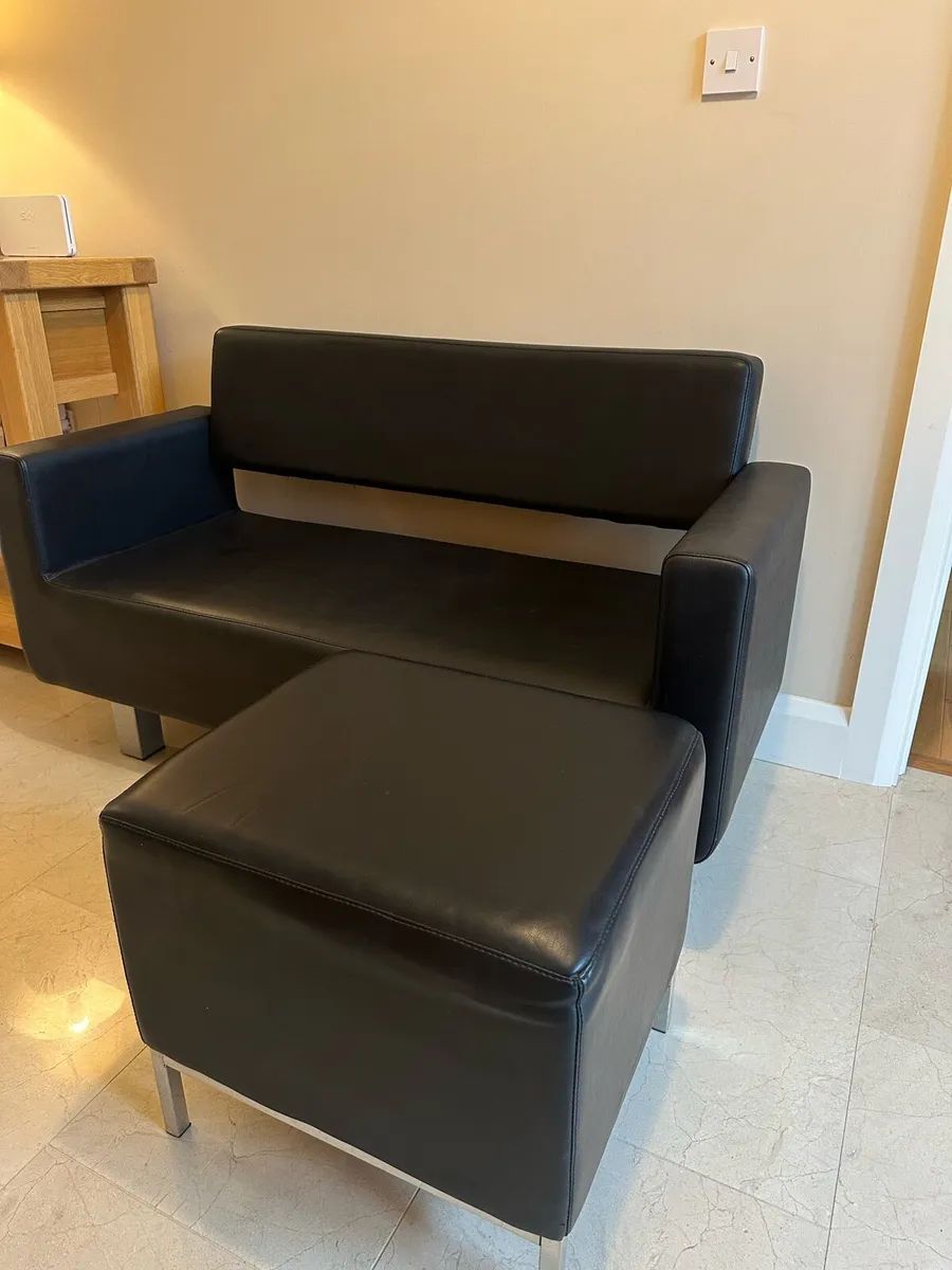 Black Faux Leather 2 Seater Sofa & Ottoman - Image 3