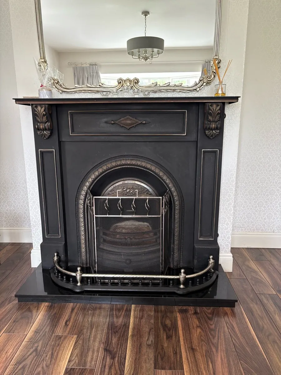 Cast iron fireplace , silver surround & fire guard - Image 2