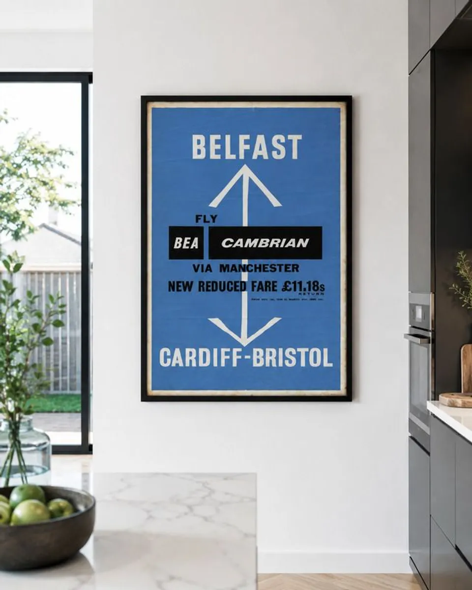 Rare Original 1959 BEA and Cambrian Airways Belfast Aviation Framed Poster - Image 1