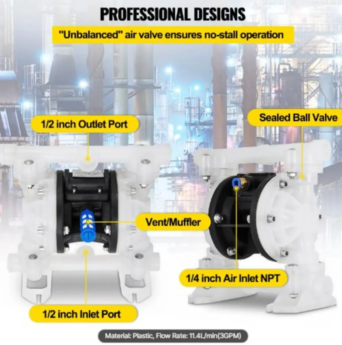 Air Double Diaphragm Pump 7GPM 100PSI Polypropylen - Image 3