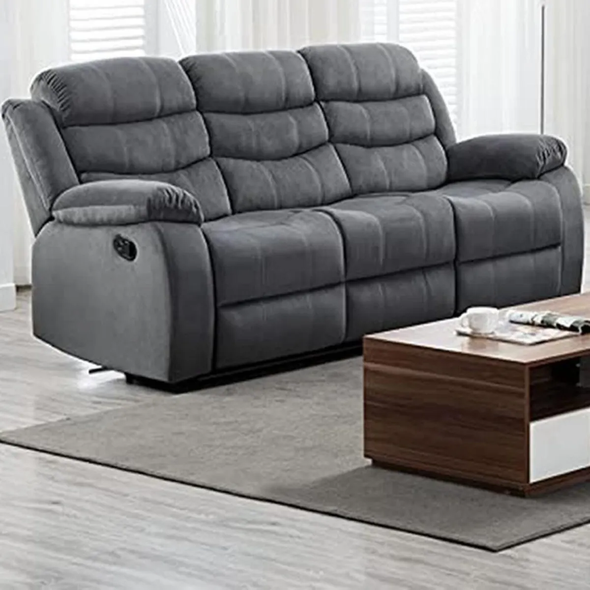 3 Seater Fabric Recliner Sofa, Grey - Image 1