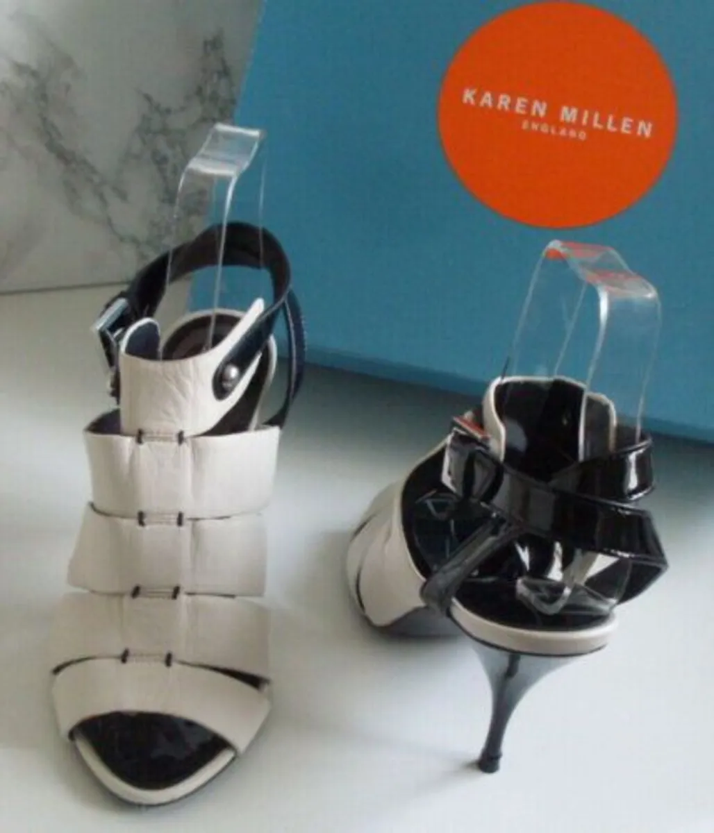 Karen Millen Designer White Black Strappy Heels - Image 1