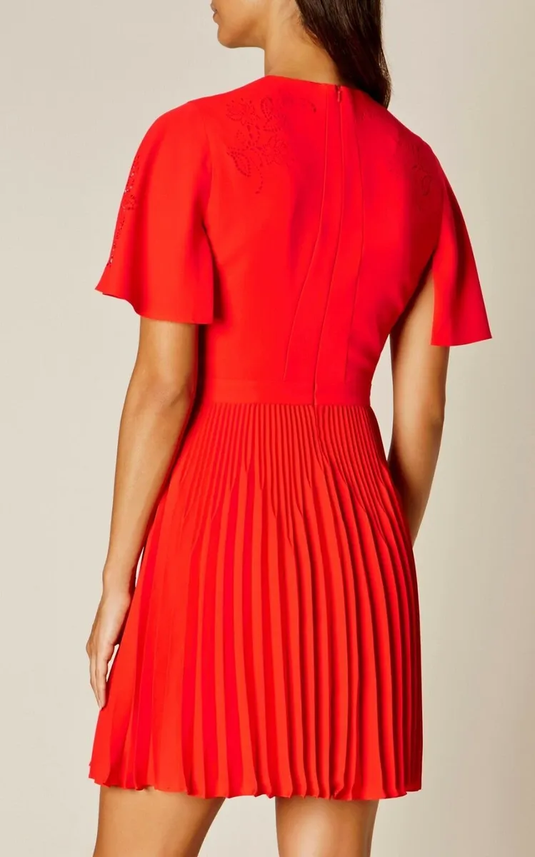 Karen Millen Red Floral Laser-Cut Pleat Dress - Image 2