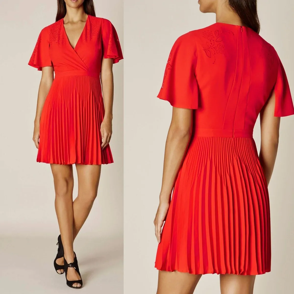 Karen Millen Red Floral Laser-Cut Pleat Dress - Image 1