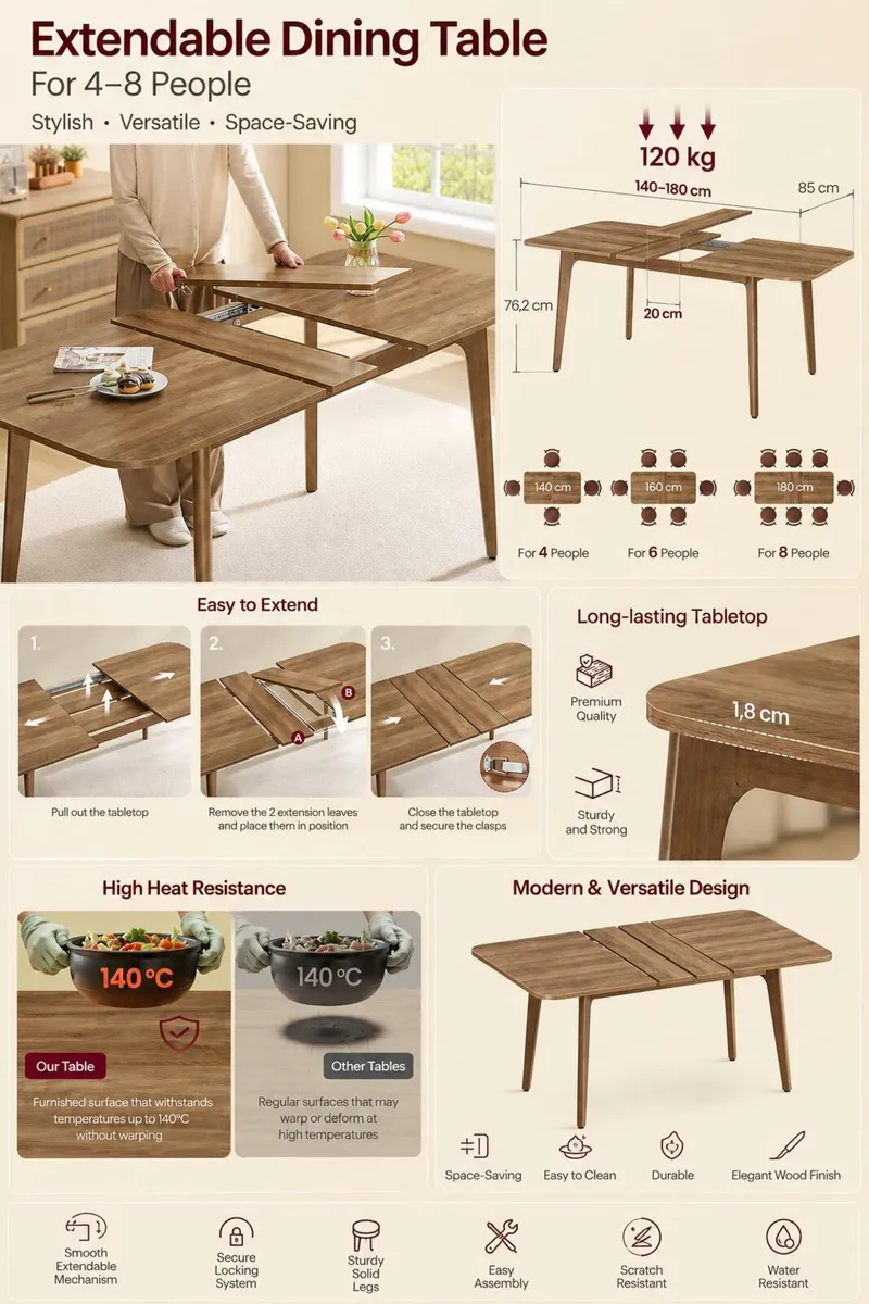 Extendable Wooden Dining Table  Seats 4-8 people - Image 3