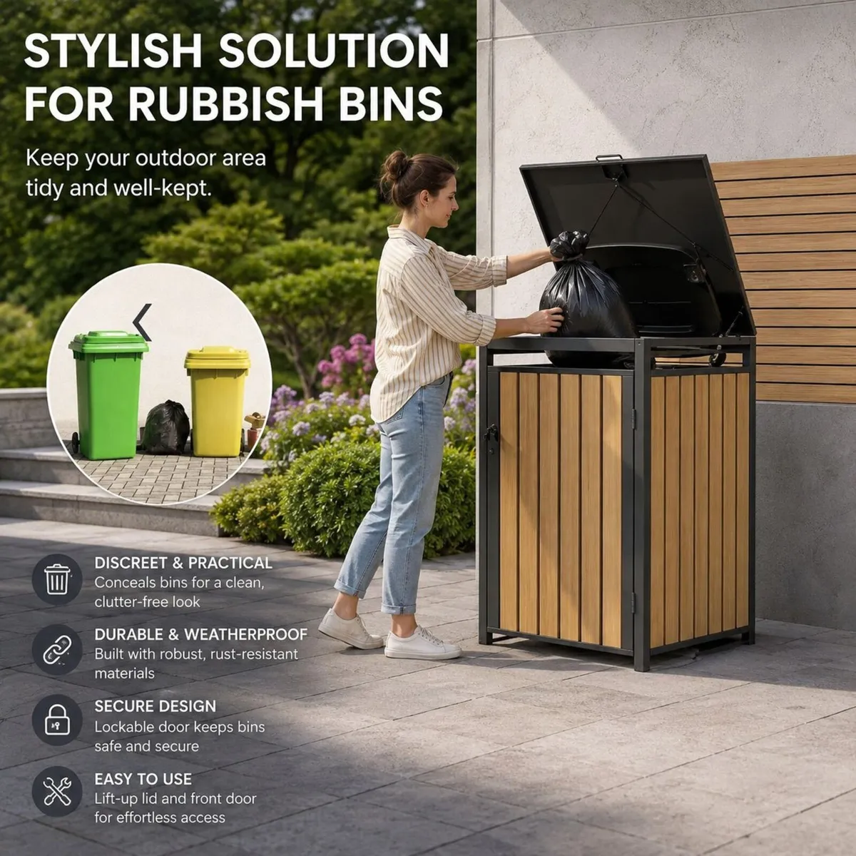 Single Wheelie Bin Storage Box with Gas Struts Fit - Image 2