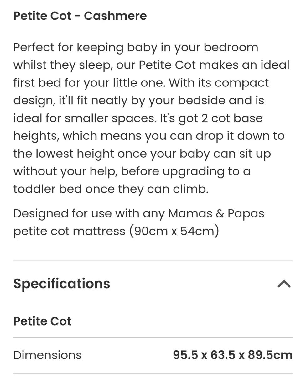 Mamas and Papas Petite Cot- Cashmere - Image 2