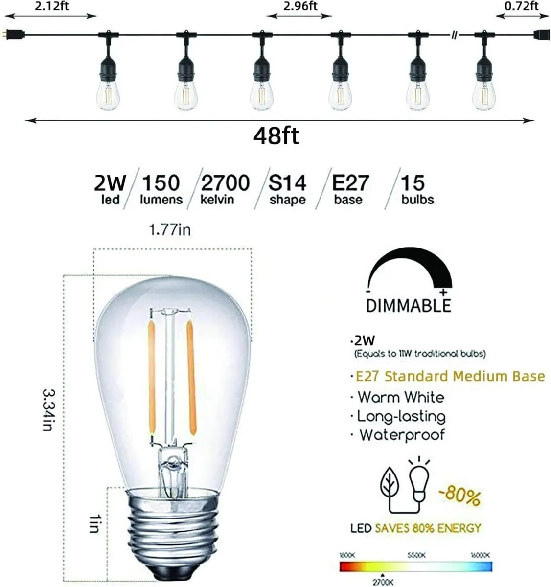 Outdoor String Lights LED 96FT 29m S14 48FT - Image 2