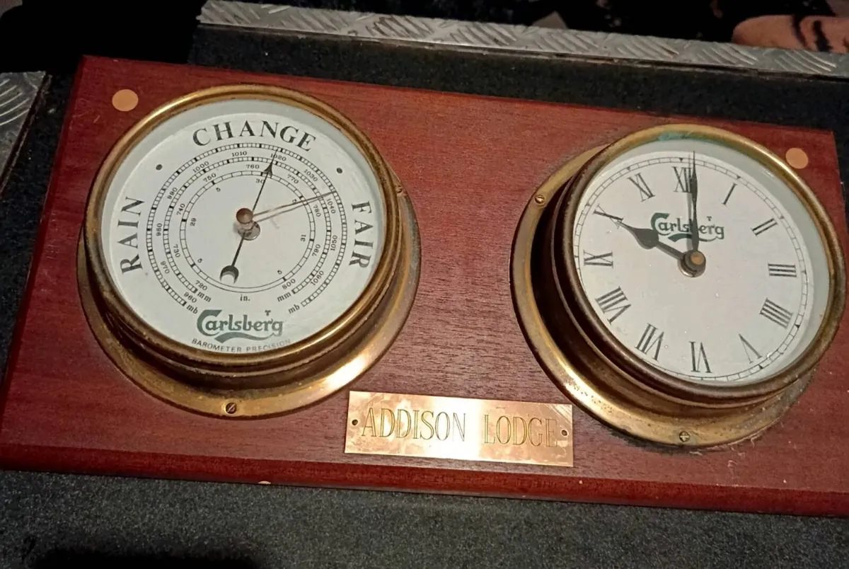 Brass Carlsberg clock and barometer