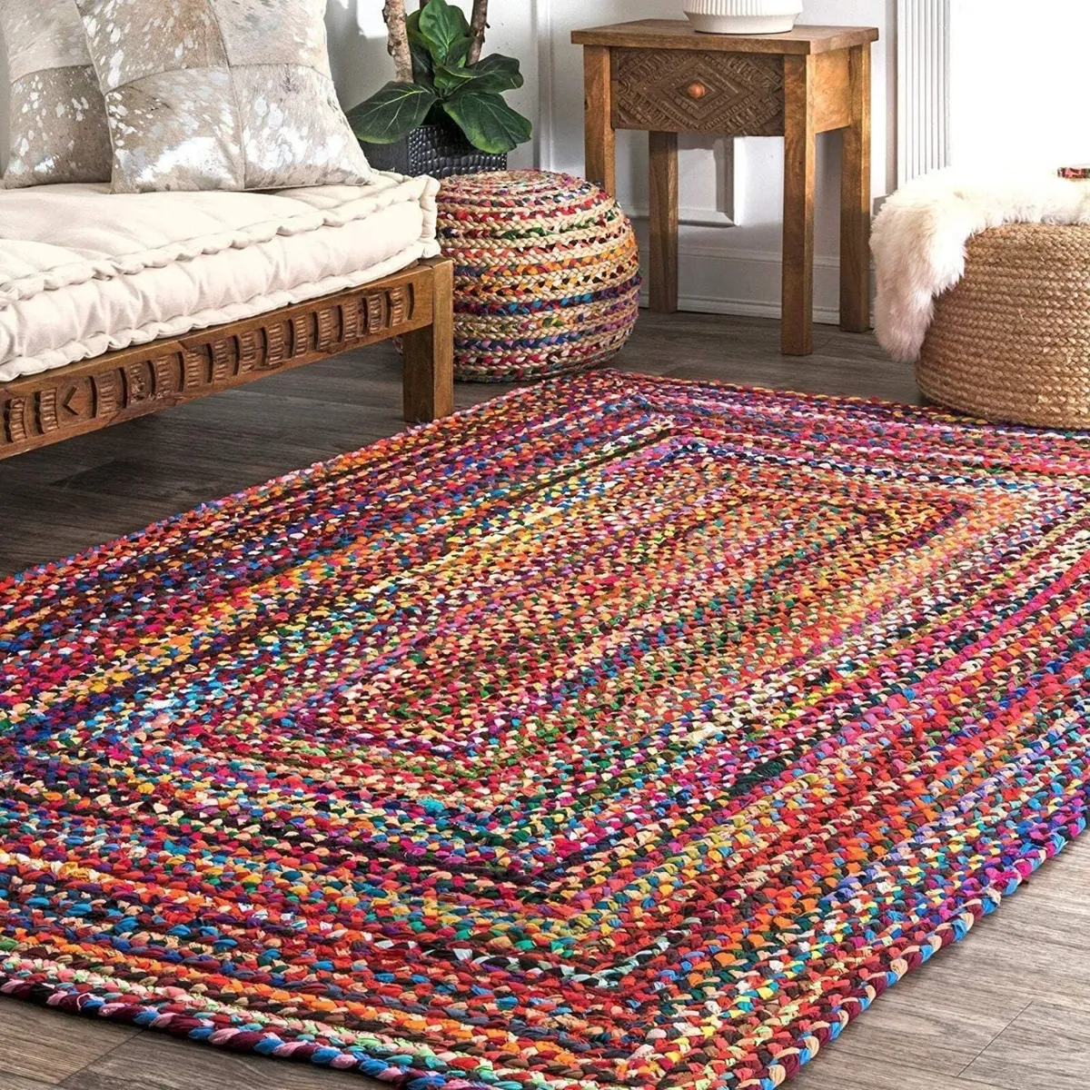 Handmade Chindi Jute Braid Rag Rug Round Boho - Image 1
