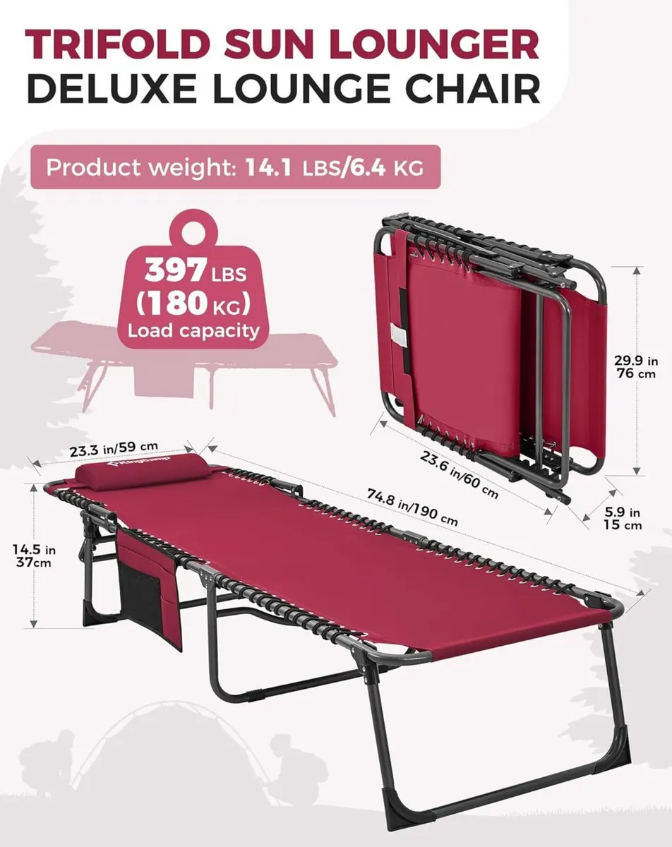 Sun Lounger with 5-Position Adjustable 180KG Wine - Image 2