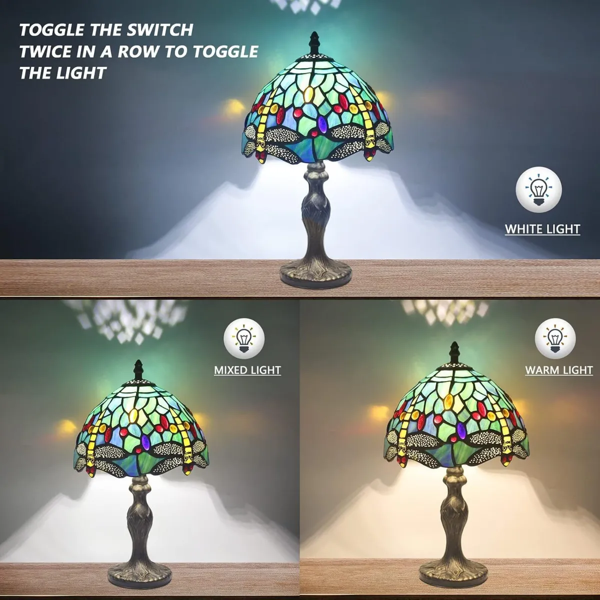 8'' Stained Glass Table Lamp Vintage Desk Bedside - Image 4