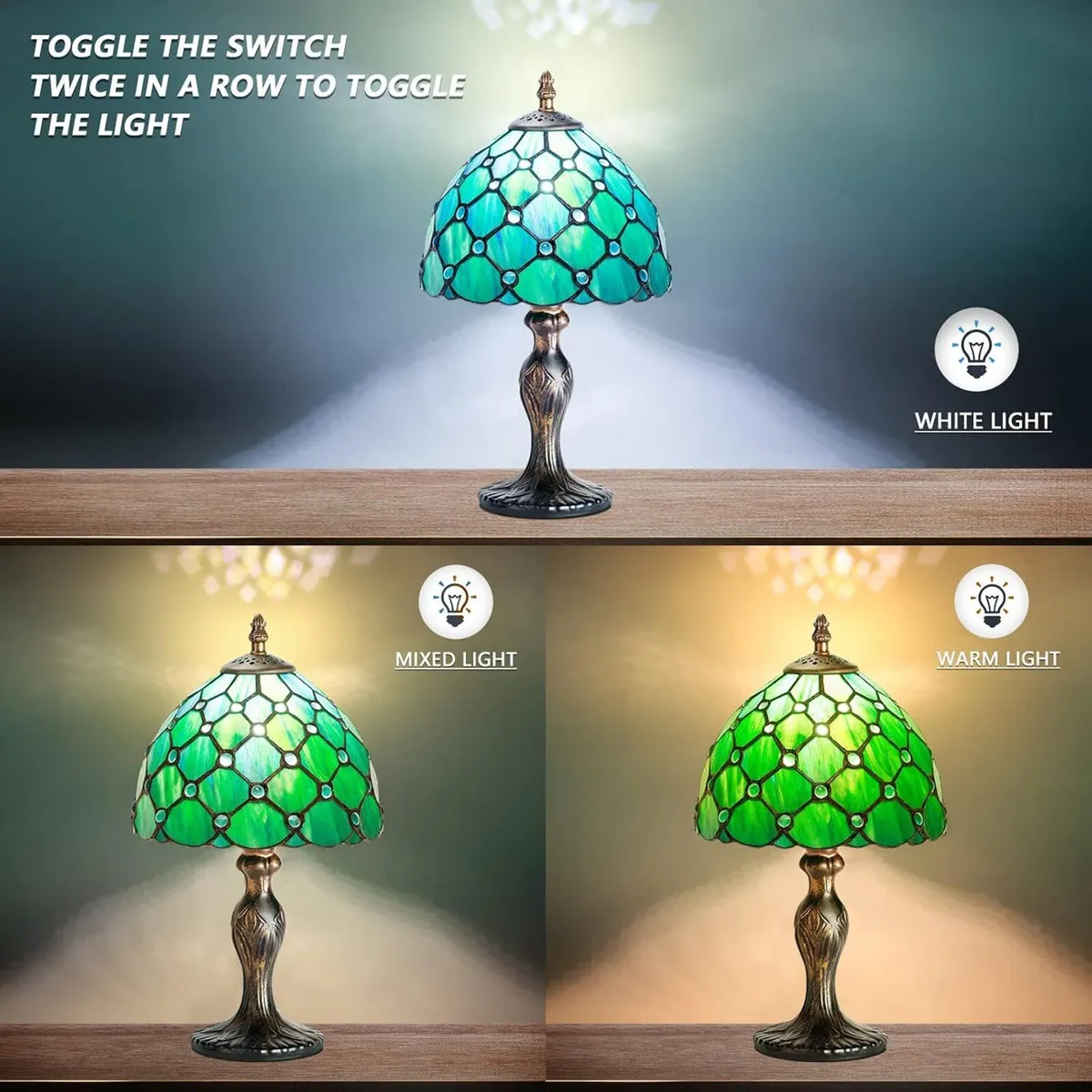 8'' Stained Glass Table Lamp Vintage Desk Bedside - Image 3
