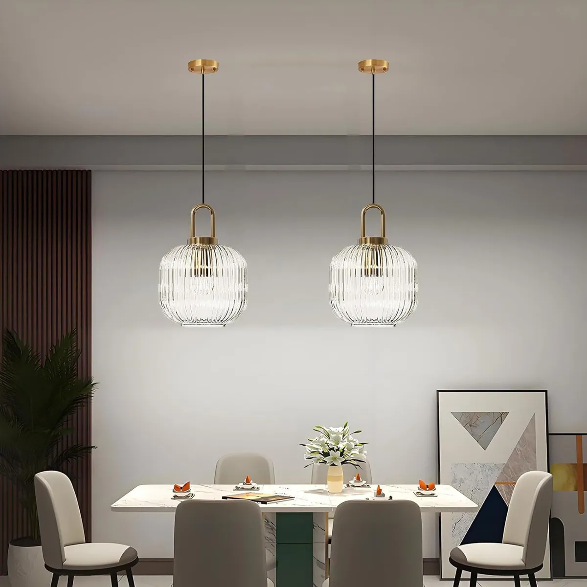 Glass Pendant Lighting with Ribbed Lamp Shade - Image 4