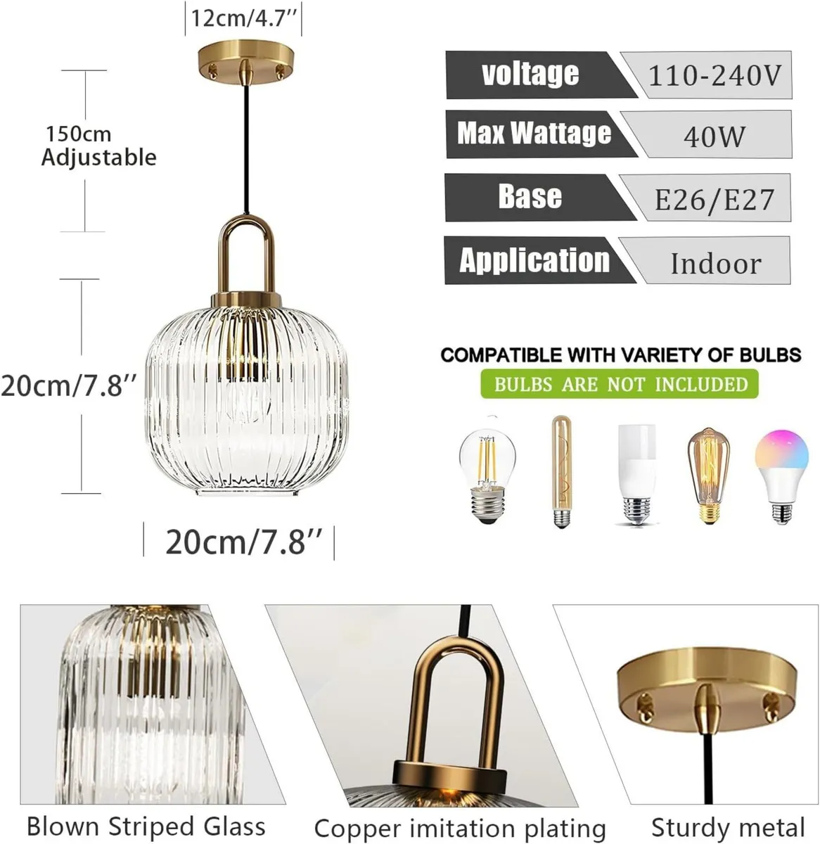 Glass Pendant Lighting with Ribbed Lamp Shade - Image 2