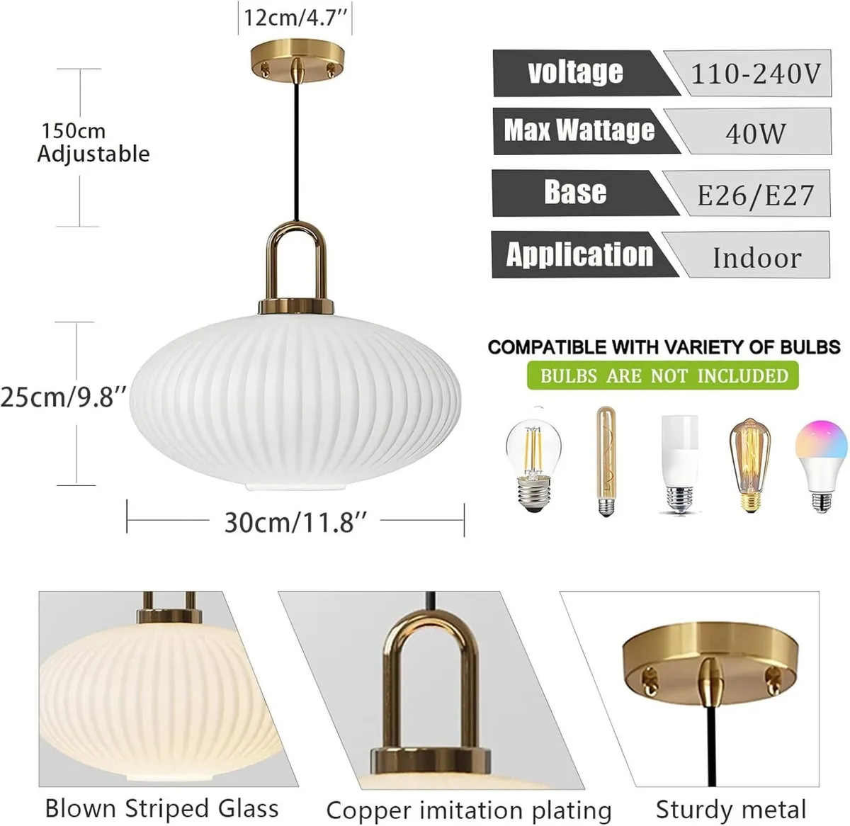 Glass Pendant Light with Ribbed Lamp Shade - Image 2