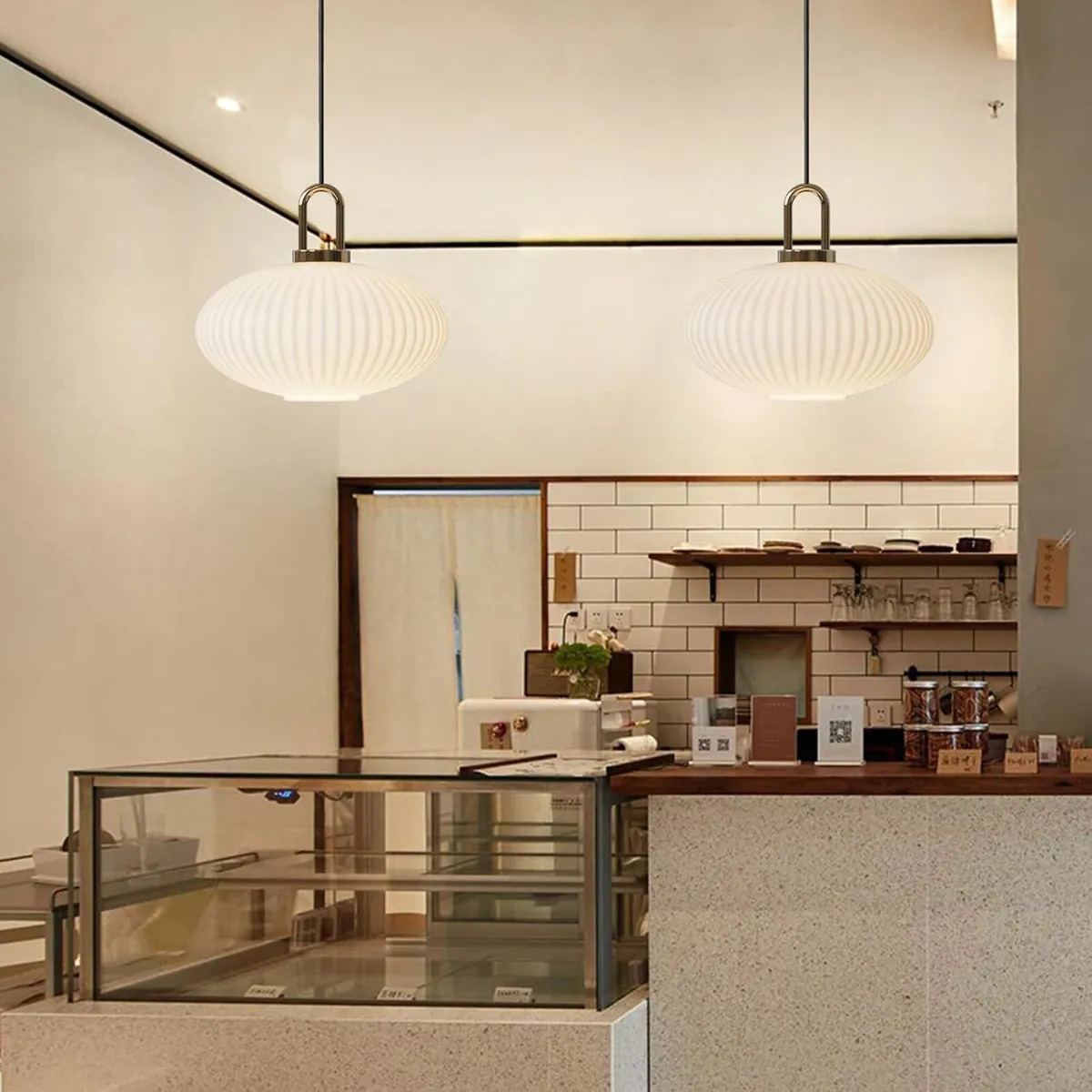 Glass Pendant Light with Ribbed Lamp Shade - Image 3