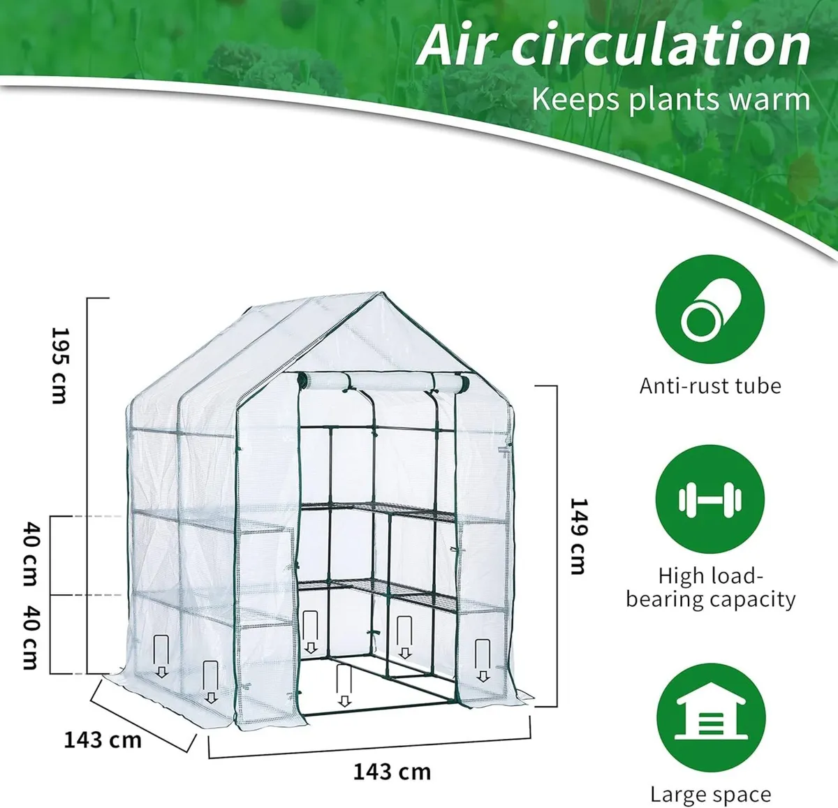 Walk in Greenhouse with 10 Shelves Reinforced Pe - Image 3