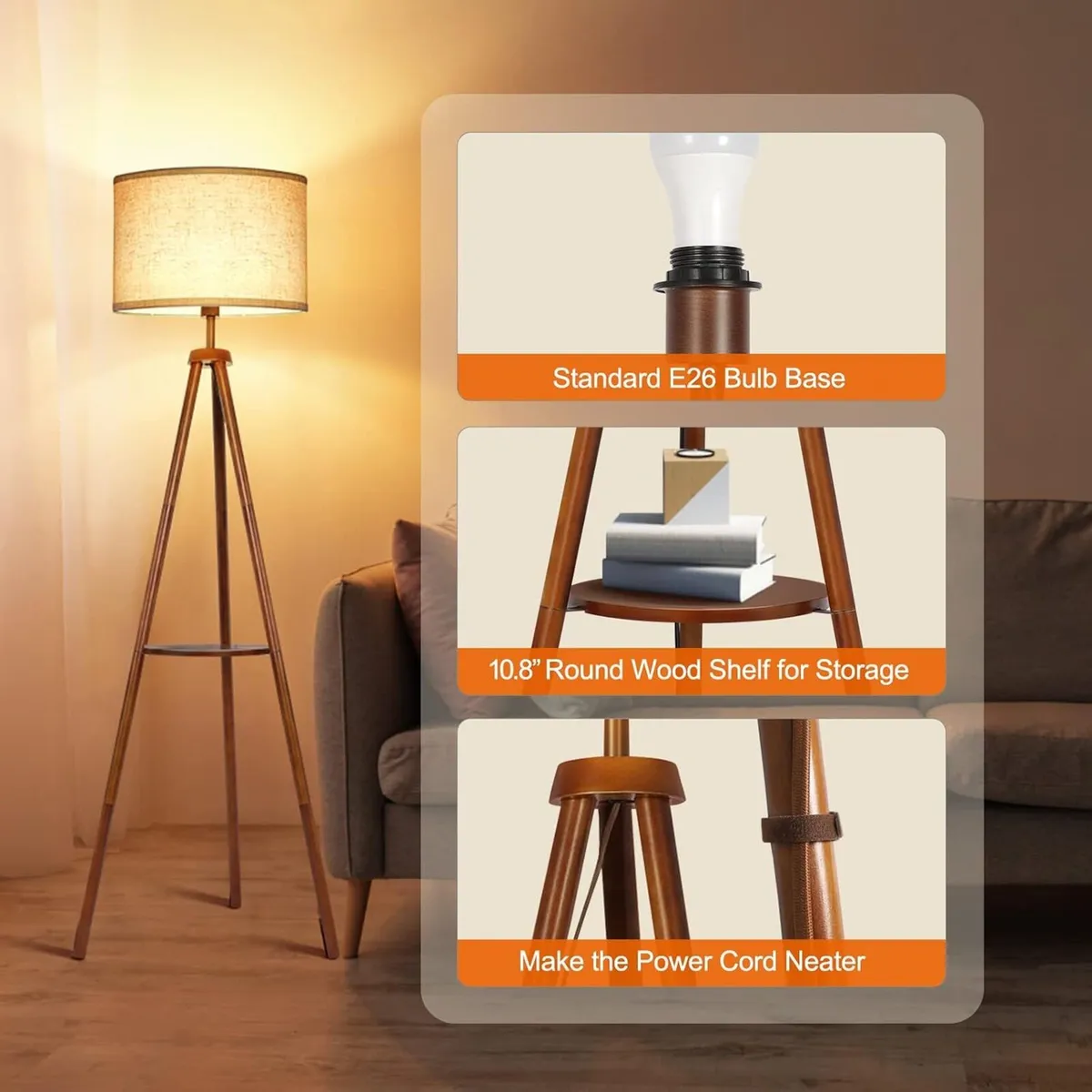 Solid Wooden Tripod Floor Lamp Bulb Included - Image 3