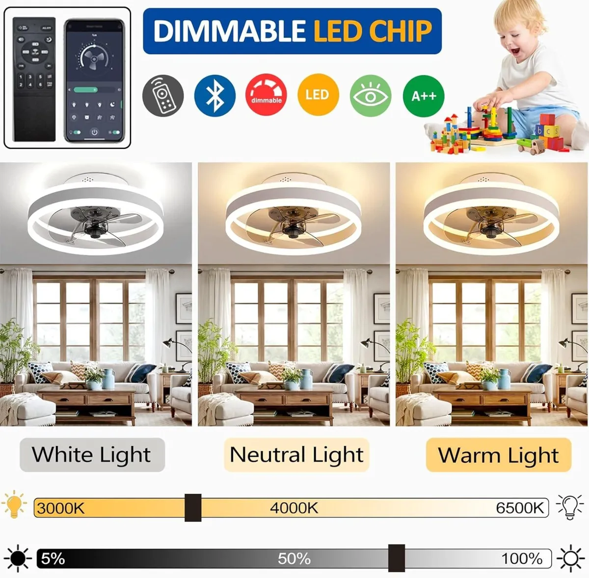 LED Ceiling Fans with Lights Reversible Remote 6 - Image 3