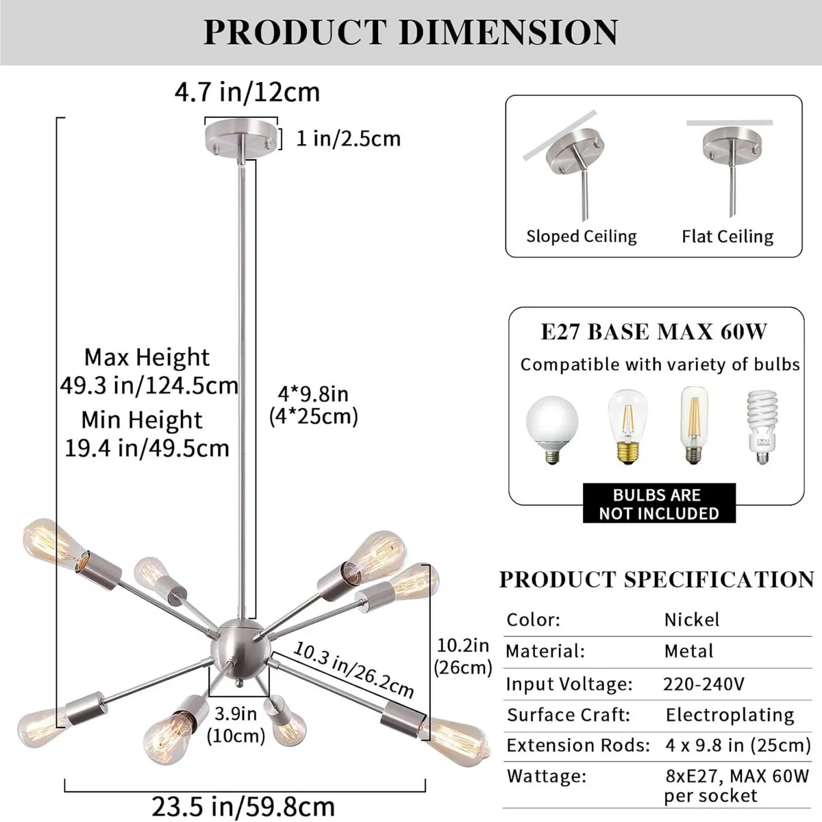 Nickel Sputnik Ceiling Light 8 Lights Chandeliers - Image 2