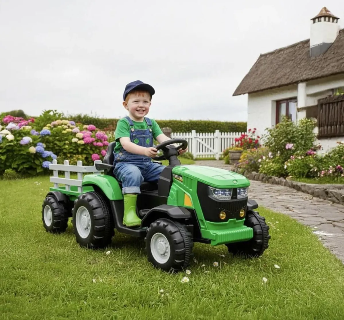Turbo Harvest 12V Electric Tractor Trailer Green - Image 1