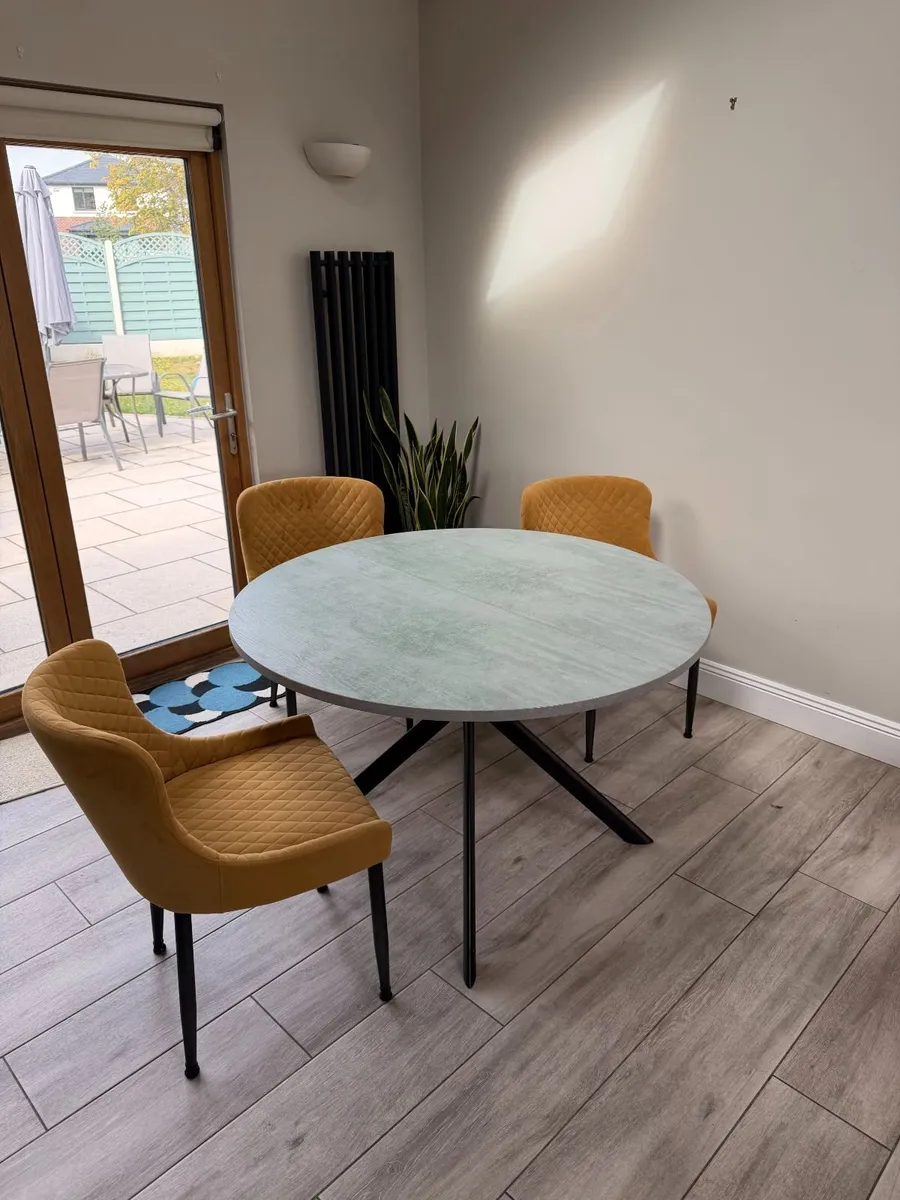 Extendable Grey Dining Table with 4 Mustard Chairs - Image 1