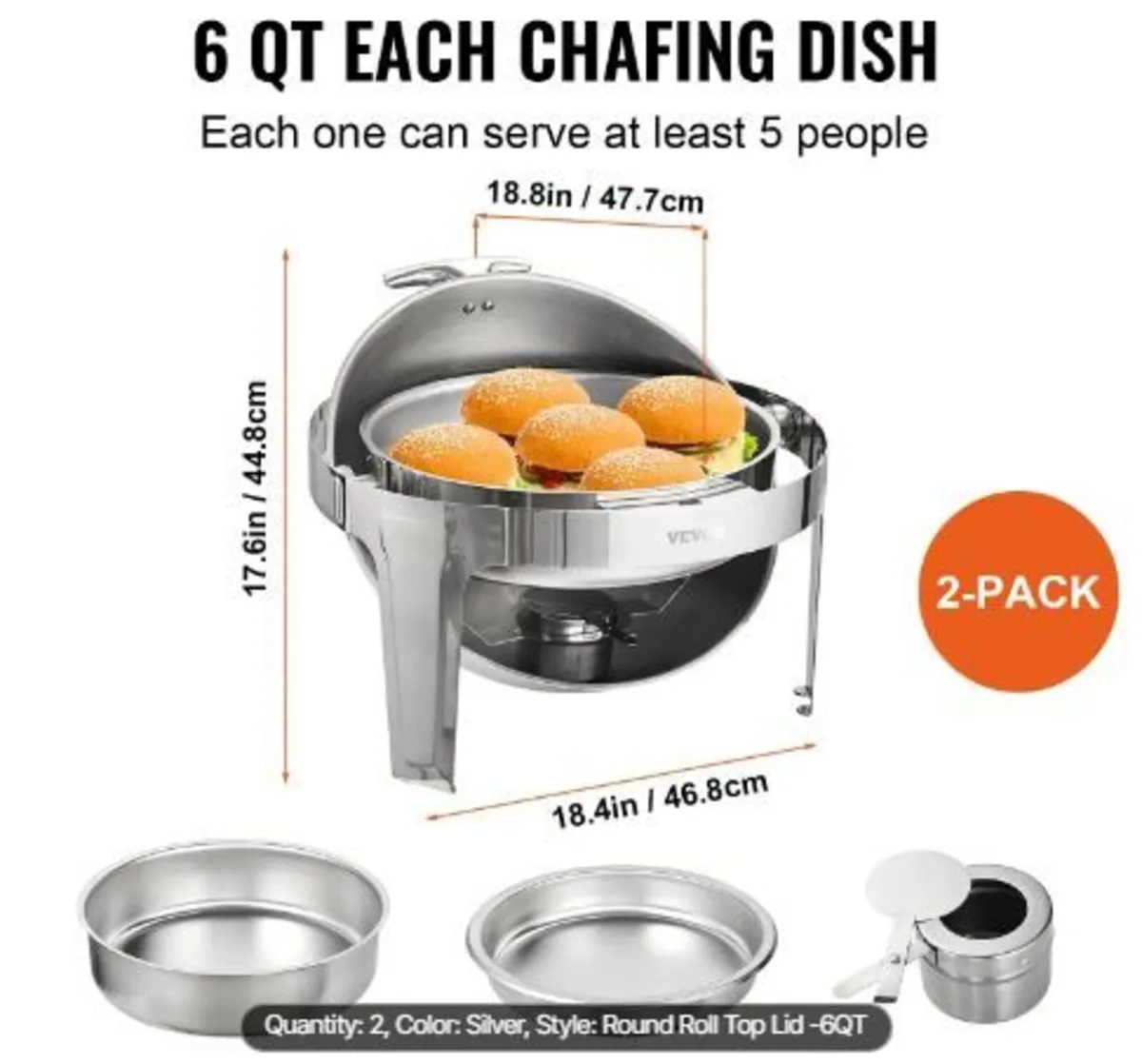 Roll Top Chafing Dish Buffet Set, 6 Qt 2 Pack - Image 3