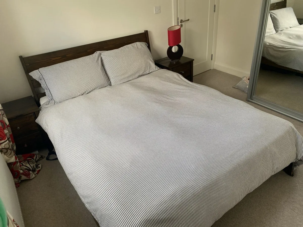 King size wooden bed with mattress and lockers - Image 3