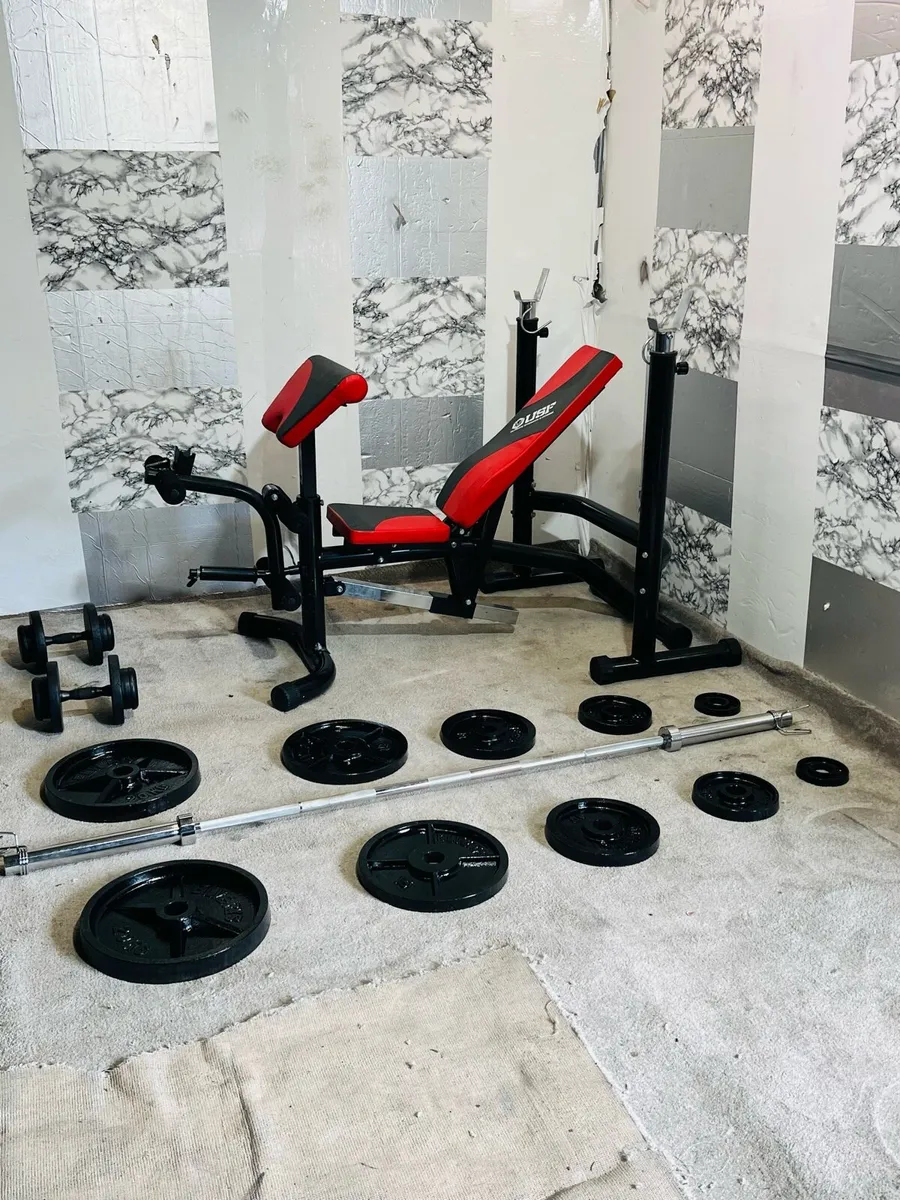 LARGE USF BENCH+RACK OLYMPIC WEIGHTS BAR DUMBBELLS - Image 1