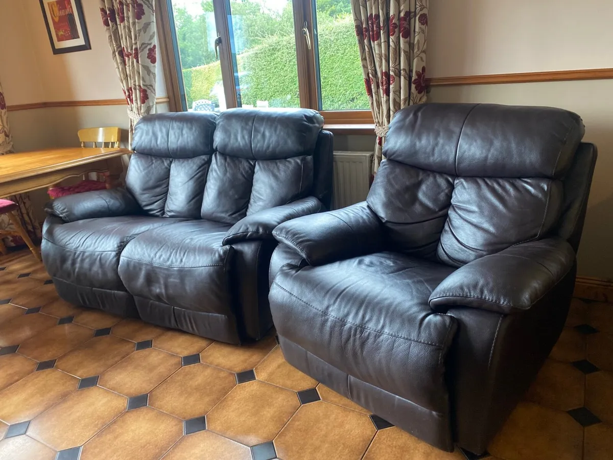 Brown Leather Recliner Suite - Sofa and Armchairs - Image 1
