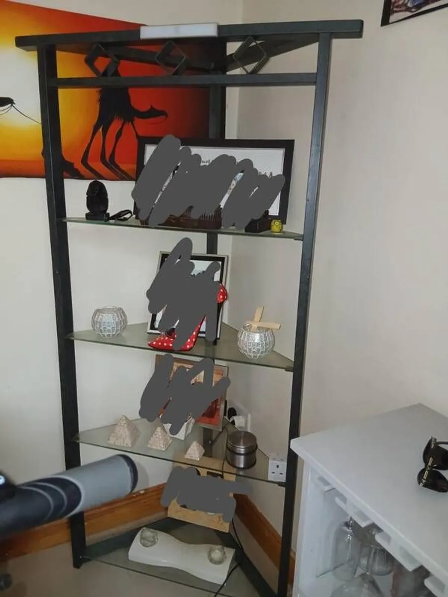 Table, 6 chairs, 2 candle sticks, floor lamp & shelving unit - Image 4