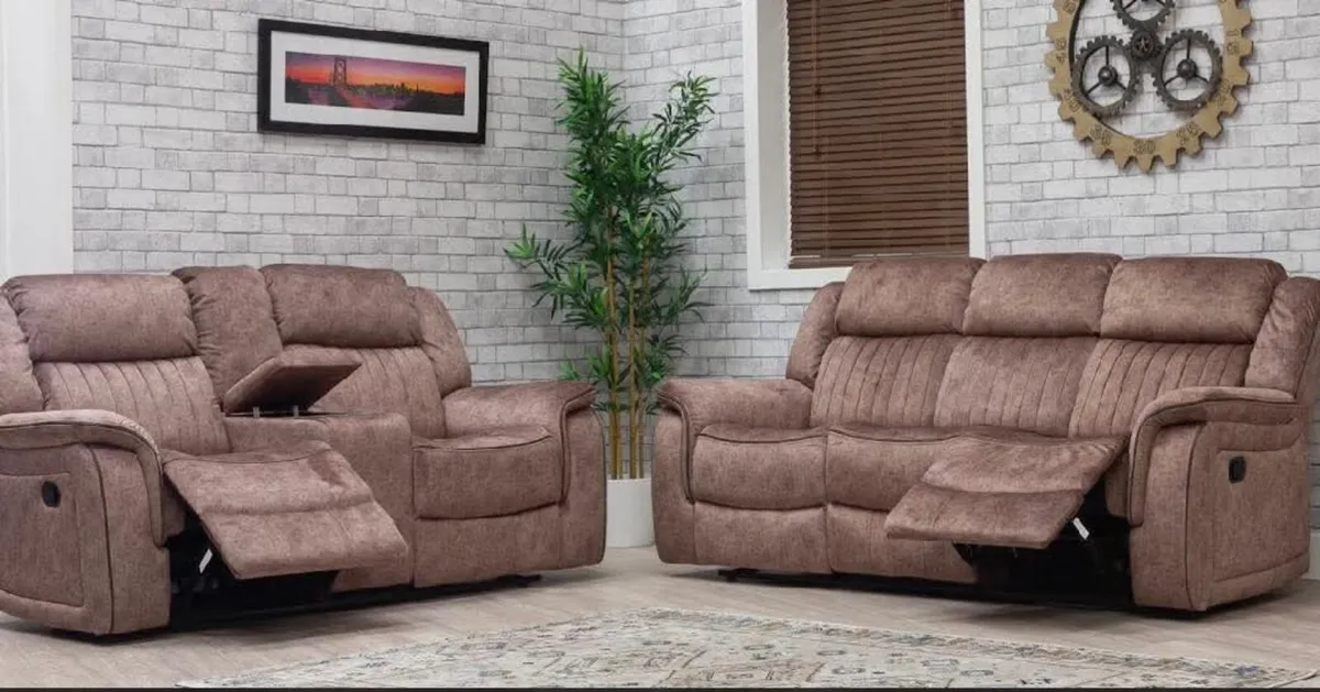 Gresham Beige & Grey Micro Fabric Recliner Sofa - Image 1