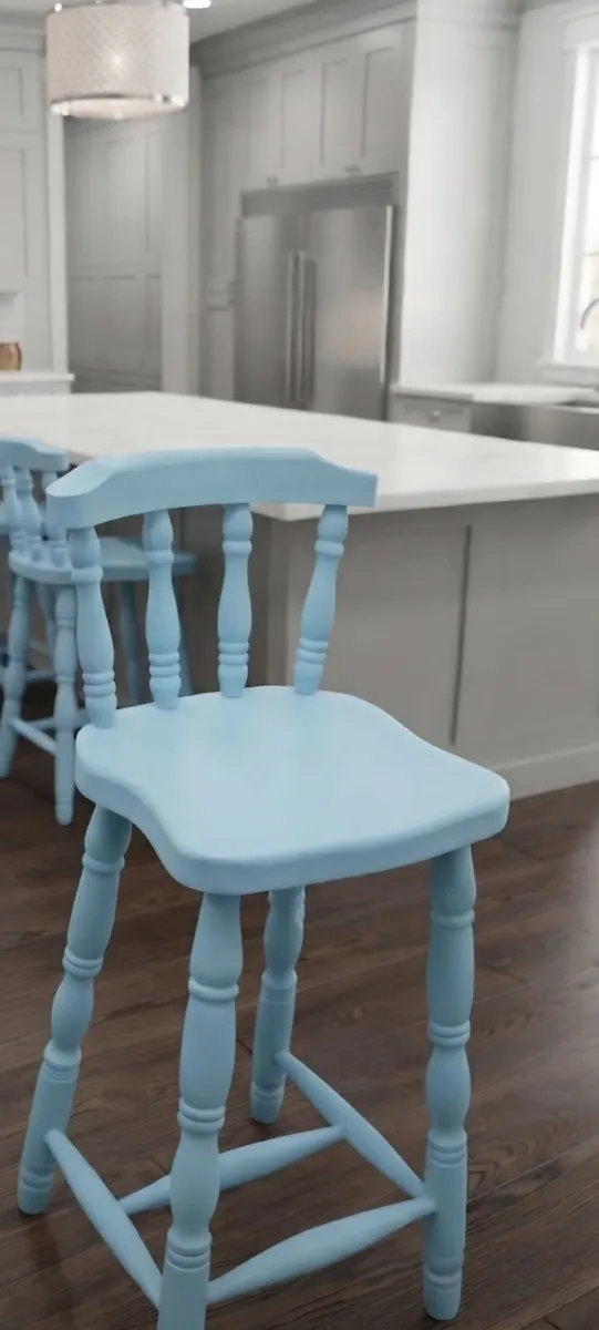Stunning Pair of Handcrafted Blue Wooden Bar Stool - Image 2