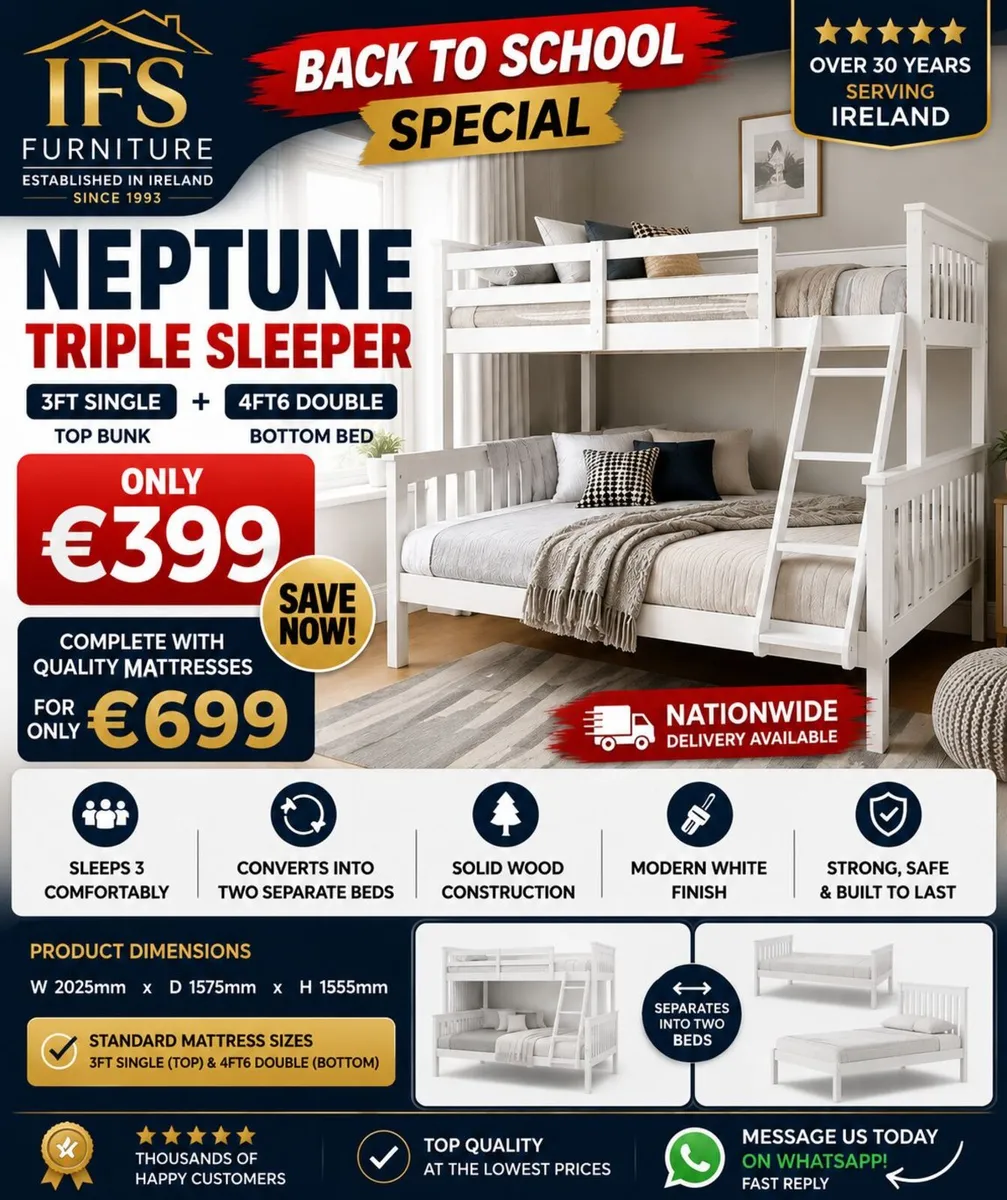 NEW  Triple Sleeper Bunk Bed – 3ft/4ft6 ONLY €399 - Image 1