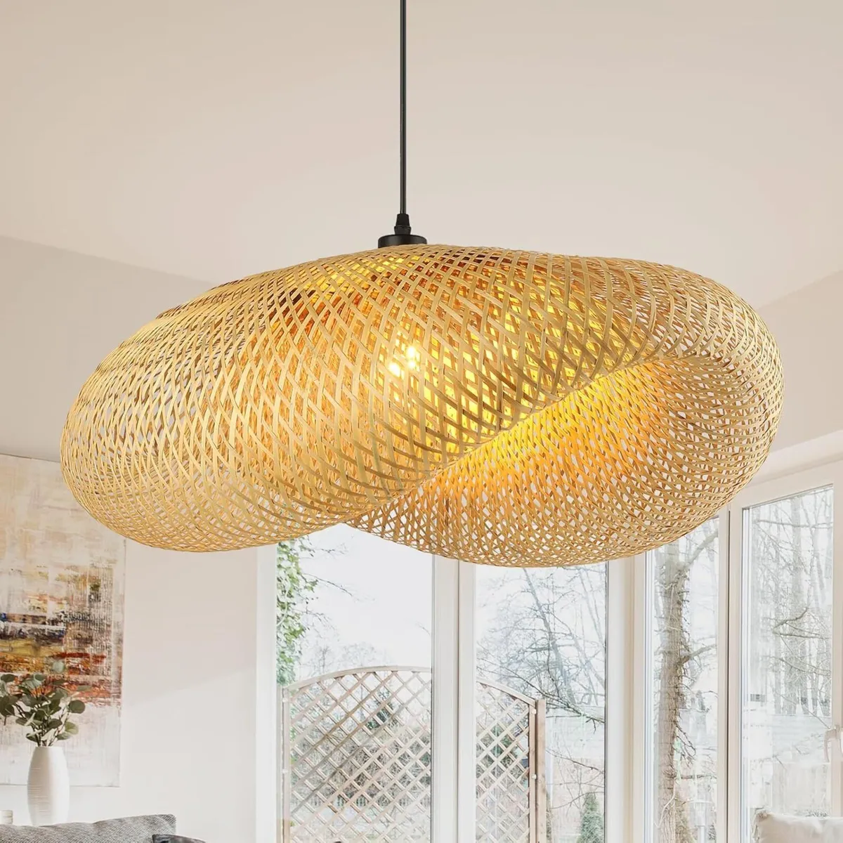 Retro Rattan Lampshade Pendant Light Handwoven Hat - Image 1