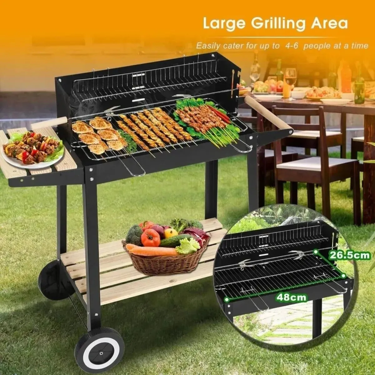Charcoal BBQ Grill Trolley with Side Shelves - Image 1