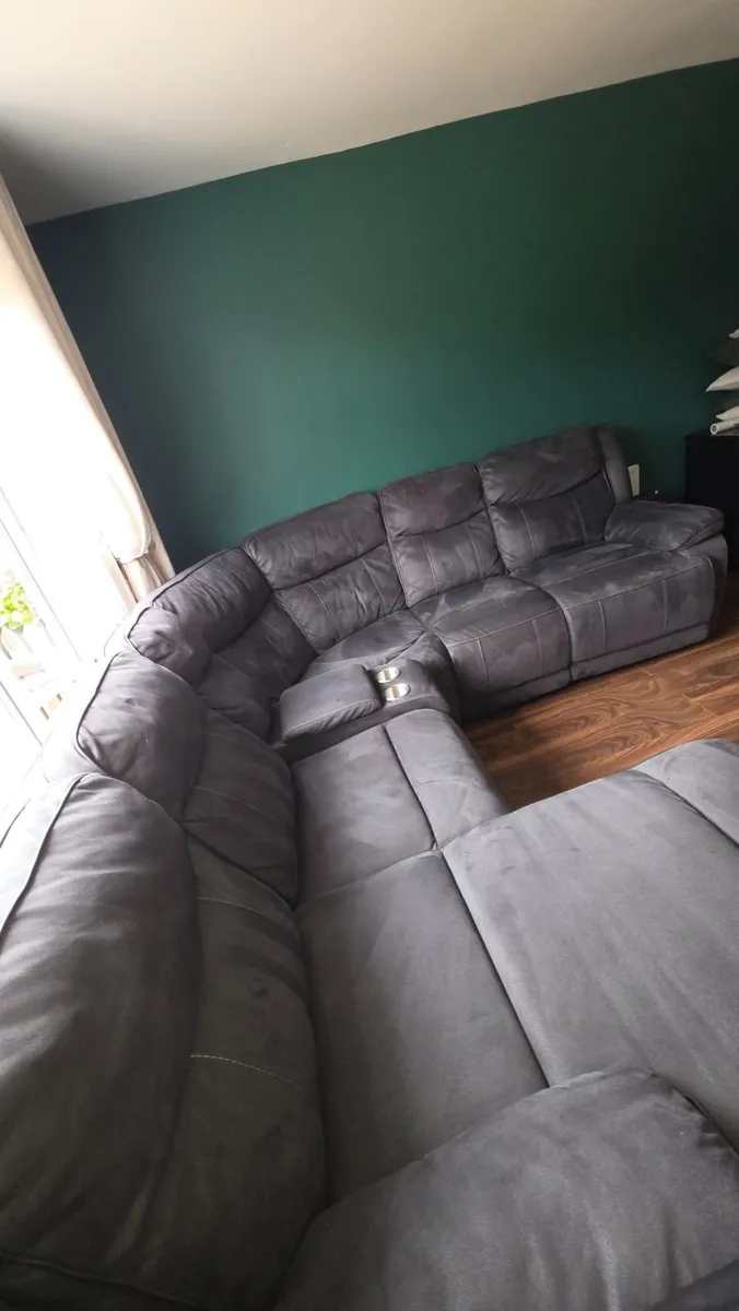 Large Grey Corner Recliner Sofa with Storage & Cup - Image 1
