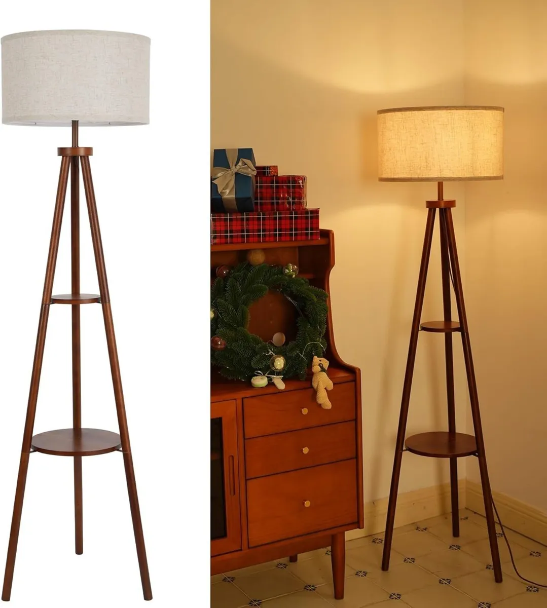 Floor Lamp with Shelf Vintage Walnut Corner - Image 1