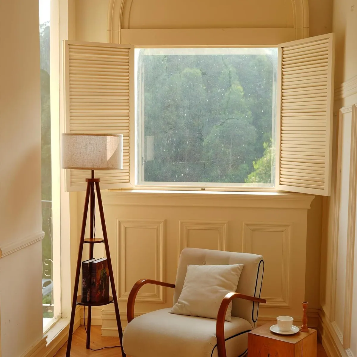 Floor Lamp with Shelf Vintage Walnut Corner - Image 2