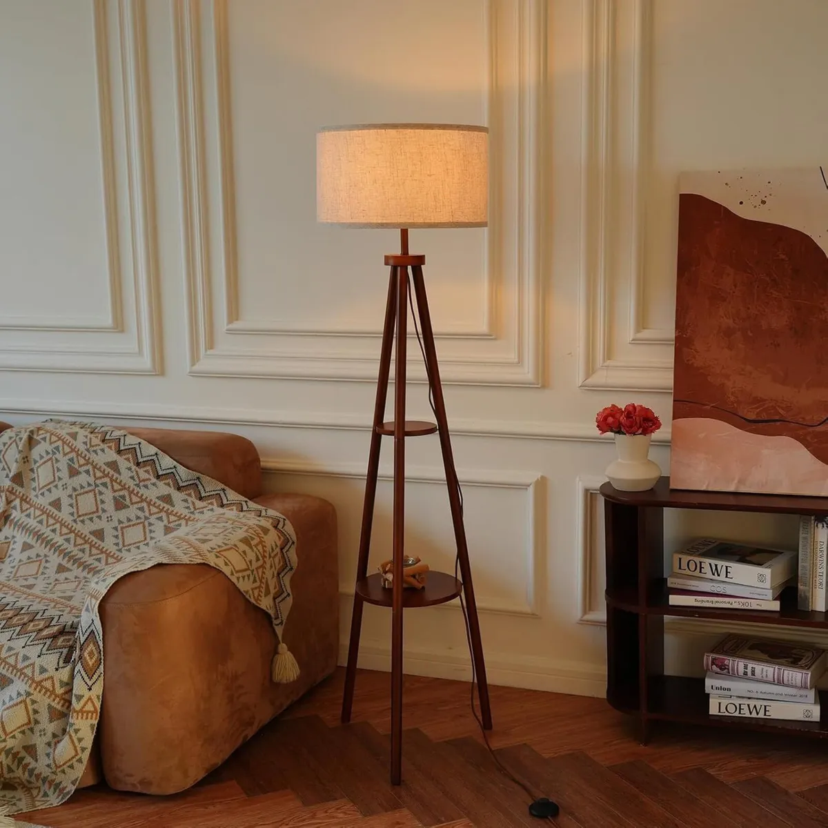 Floor Lamp with Shelf Vintage Walnut Corner - Image 4