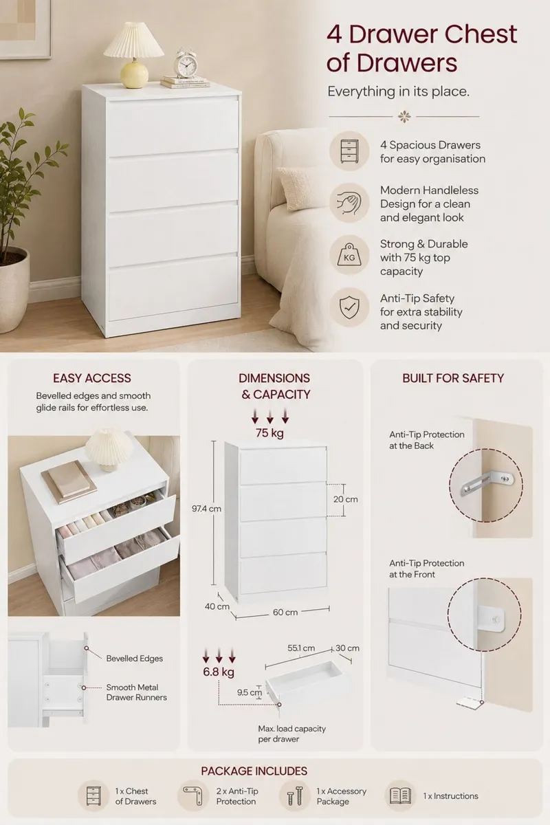 White 4 Drawer Chest of Drawers Modern Handleless - Image 2