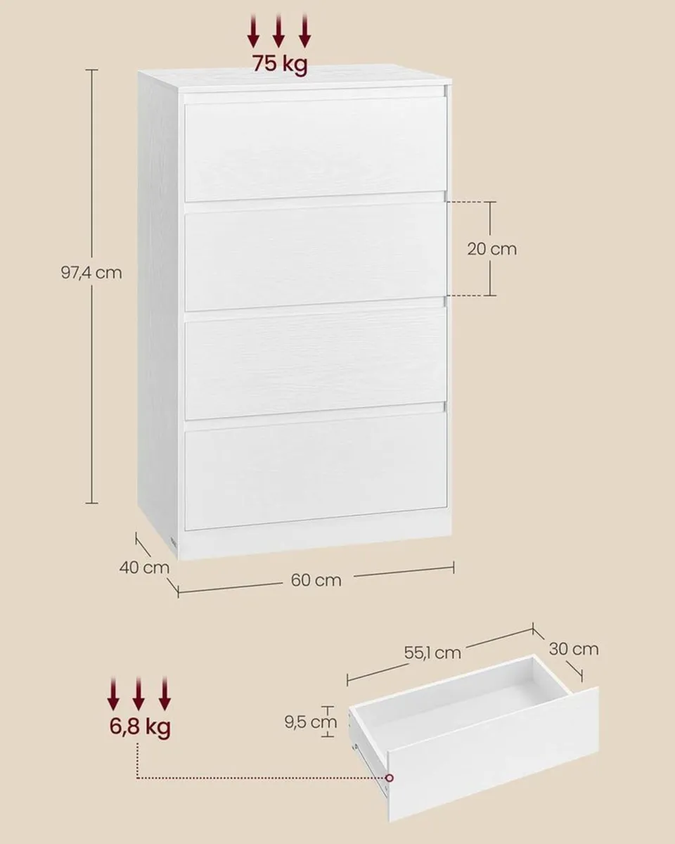 White 4 Drawer Chest of Drawers Modern Handleless - Image 3