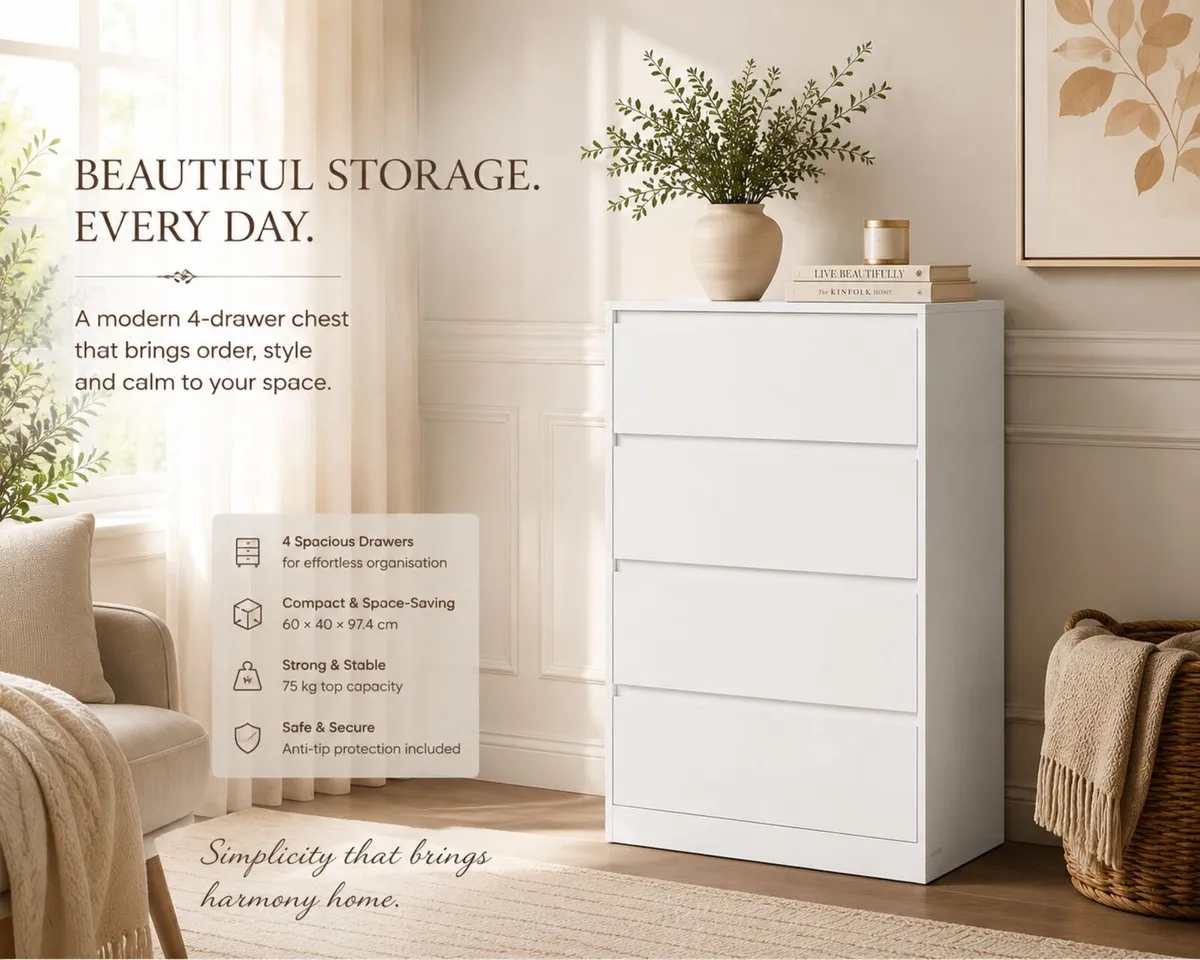 White 4 Drawer Chest of Drawers Modern Handleless - Image 1