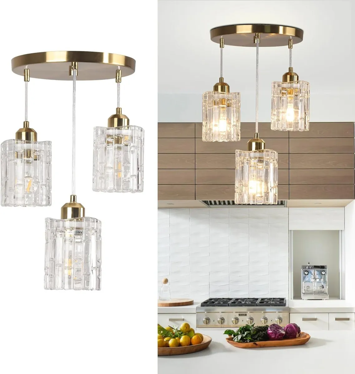 3- Glass Pendant Light Adjustable E27 Three Clear - Image 1