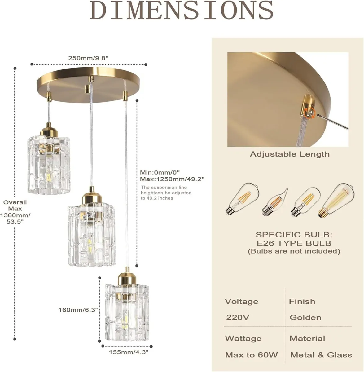 3- Glass Pendant Light Adjustable E27 Three Clear - Image 3