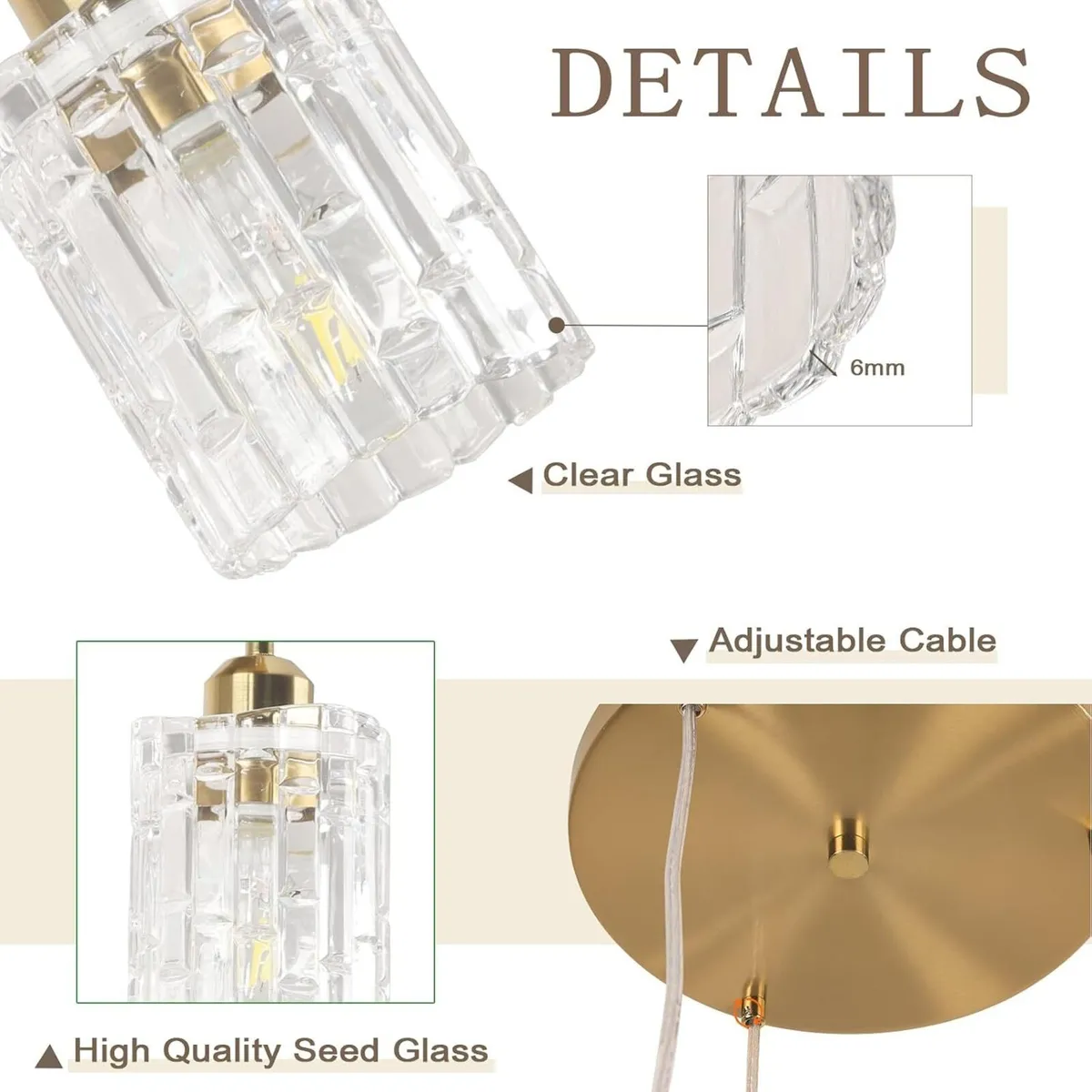 3- Glass Pendant Light Adjustable E27 Three Clear - Image 4